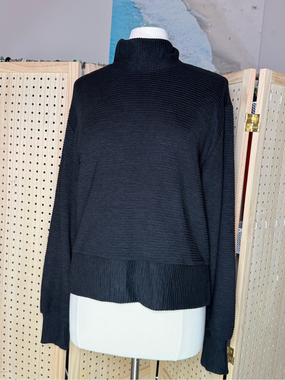 Calia Black Ribbed Mock Neck Sweater Size Small Relaxed Oversized Knit Cozy - Picture 2 of 10